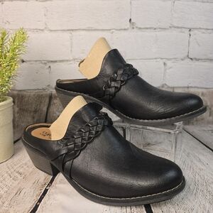 SOFFT BLACK LEATHER CLOG MULES WOMENS STACKED BLOCK HEEL ROUND TOE WOMENS 9 EUC